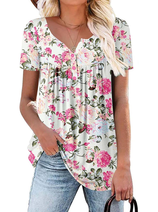 ✨Women's Printed Botton Down Pleated Short Sleeve Shirts Tunic Tops